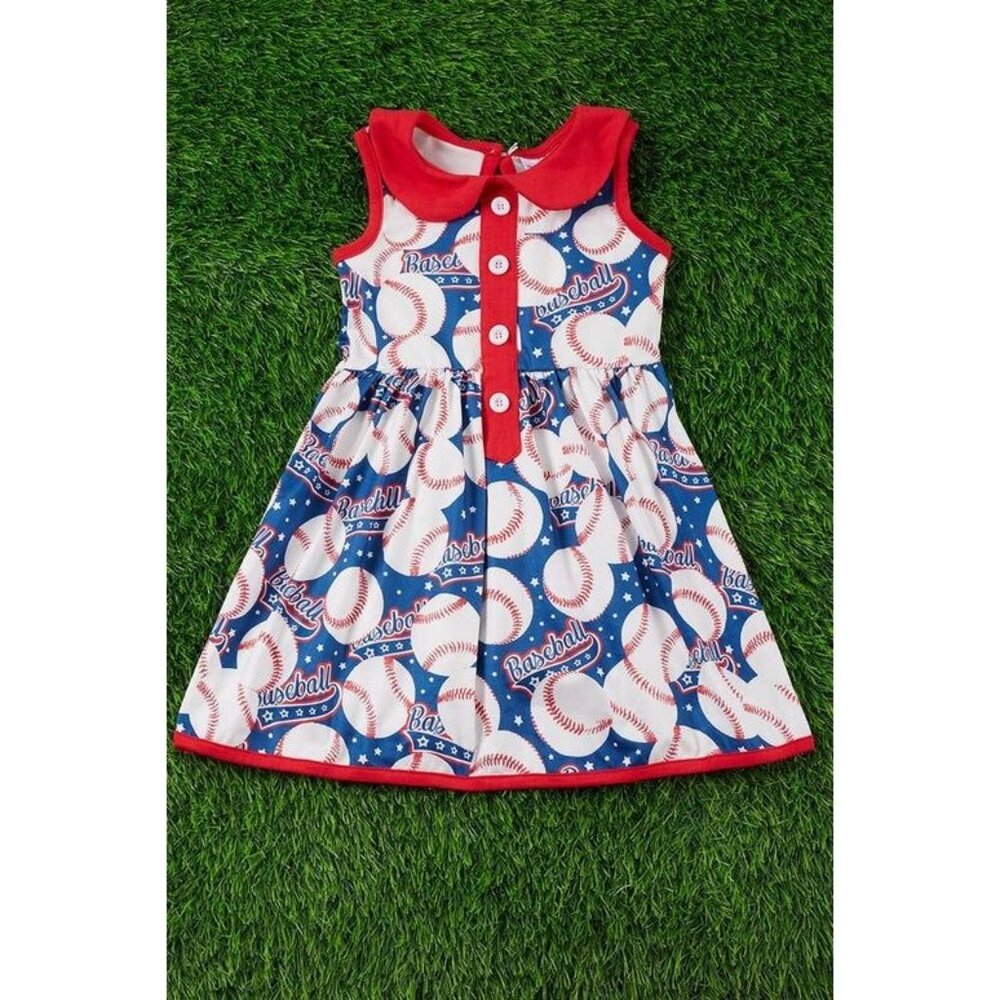 Baseball Printed Royal Blue Dress W/ red trim 8/9